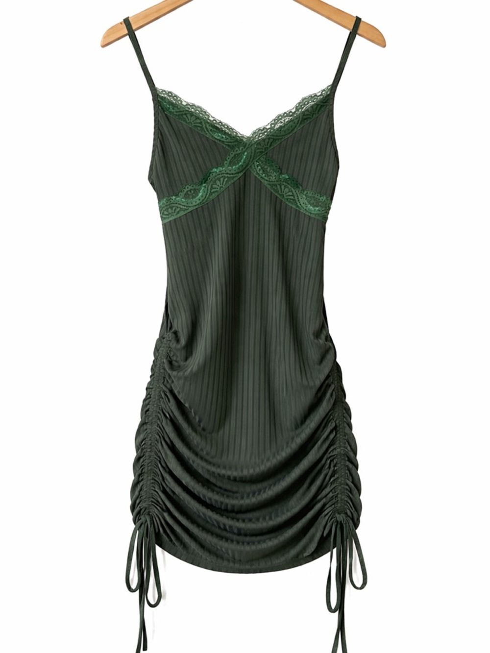 Ruched Bodycon Mini Dress Lace Trim Green Adjustable Side Tie